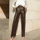 Zingj Women's Fall 2024 Fashion PU Leather Medium High Waist Lift Hip Straight Leg Women's Casual Pants Women's