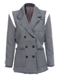 Fashion Women's Blazer New Notched Solid Color Double Breasted Broken Sleeve Tassel Raw Edge Suit Jackets Autumn 2023