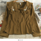 Embroidered Flowers Shirt Women Korean Peter Pan Collar Lolita Blouses Elegant Long Sleeve Single Breasted Blusas