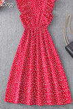 Women Summer Polka Dot Chiffon Dress Short Sleeve Party Sweet Slim A-Line Casual Elastic Waist Elegant Midi Dresses Robe