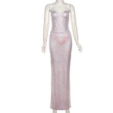 Pink Sequin Tube Top And Maxi Skirt Set- Outfit