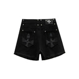 Black Shorts Jeans Pocket Crucifix High Waist Drawstring Casual Fashion Self Cultivation Denim Hot Pants Ladies