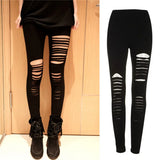 Punk Ripped Torn Slashed Cut Striped Leggings Pants Gothic Club Asymmetric Hole Elastic Skinny Pencil Pants For Women Girl-Outfit