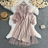 Zingj Korean Version Of The Lantern Sleeve Waist Show Thin Net Gauze Nail Bead Dress Three-Dimensional Flower Fairy