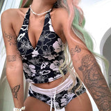 Y2K Bohemian Floral Print Crop Top Summer Beach Style Sexy V-neck Backless Halter Cami Top Women Aesthetic Streetwear 211-1-Outfit