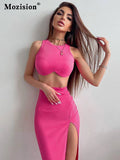 Sexy Ribbed Two Piece Set Women Outfits Summer Sleeveless Crop Top And High Split Skirt Sets Female Elegant Dress