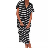 Zingj Summer Dress Women's V-Neck Stripe Low Slit Lapel Long Sweater Even-Outfit