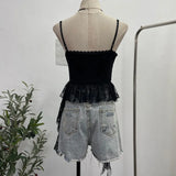Real Shooting 2025 Summer New Women's Fashionable Lace Letter Print Sling Vest Ribbon Ribbon Ribbon Sleeveless Top