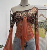 Hottie Sexy Leopard Print Mesh Fake Two Strap Long-Sleeved Top Short Slanted Shoulder T-Shirt