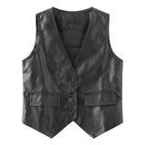 V-neck Leather Vest Women Korean Fashion Cropped Streetwear Vest Leather Vintage Casual Sleeveless Leather Outwear 2023