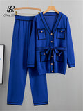 Fashion Sweater Two Pieces Sets Ladies Long Sleeve Knit Cardigan+Wide Leg Long Pant Sets Women OL Loose Knitted