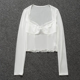 Fashion Y2K Lace Trim Mesh Crop Tops 90s Aesthetics Patchwork Square Neck Long Sleeve White Sexy Tees Summer
