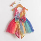 Color Princess Party Dress For Girls Big Bowknot 1 Year Old Birthday Costume Luxury Shining Sequined Girl Frocks