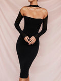 Double Layers Mesh Sexy Summer Dress Women 2022 Strapless Long Sleeve Bodycon Midi Dresses Solid Elegant Party
