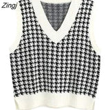 Loose sleeveless vest sweater 2021 autumn winter women's houndstooth knitted vest V-neck sleeveless pullover sweater