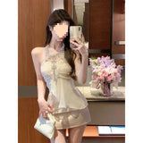 Women 2025 Summer New Sweet And Spicy Body Quality Hanging Neck Top + High Waist Slim Half Skirt