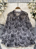 Korean Print Chiffon Shirt Bow Neck Long Sleeves Loose Leopard Top Casual Paisley Vintage Floral Blouse Spring