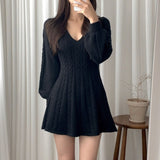 And Winter Vintage Linen Pattern V-Necked Waist Small Lantern Sleeve A Word Knitted Sweater Dress Women