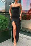 Fashion Spaghetti Strap Bodycon Mini Dresses Women Sleeveless Black Slit Slash Party Clubwear Long Dresses