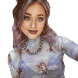 Zingj Sleeve Cupid Print T-Shirt Girl Autumn Burst Half High Collar Mesh Crop Street Top Girl-Outfit