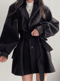 Puff Sleeve Belted Woolen Coat- Outfit