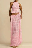 Halterneck Ruched Open Back Tie Up Top And Maxi Skirt Set-Outfit