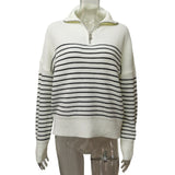 2025 New Women's Simple Fashion Gentle Stripe Collar Half-Open Zipper Knitted Sweater