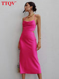 Sexy Strap Pink Satin Dress Summer Sleeveless Hollow Out Midi Dress Bodycon Lace-up Backless Party Dresses For Women