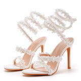 Mouth Tied High Heel Sandals White Flowers Sandals Women's Banquet Wedding Dress Bridal Shoes Princess