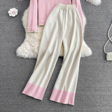 Women Suit New Temperament Knitted Cardigan Sweater Coat + Wide Leg Pants Casual Sweet V-neck Two Piece Suit Plaid