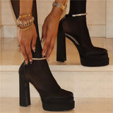 Onlymaker Square Toe Sandals Platform Thick High Heels Solid Mixed Colors Crystal Buckle Stain Sandals Graceful Women
