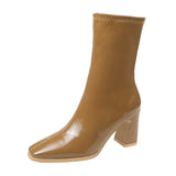 Zingj Celebrity Elastic Thin Thin Boots Female 2023 Autumn New Thick High Heel Temperament Short Boots Female White Lacquer Leather Martin Boots-Outfit