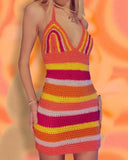 Style Knitted Dress Chic Women Summer Sexy Backless Deep V-neck Halter Dress Y2K Streetwear Vacation Casual