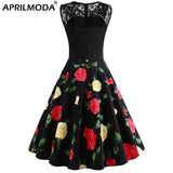 A Line Peony Flower 4XL Tunic Vintage Dress Women Lace Elegant Summer Ladies 40s 60s 50s Dresses Retro Party Black