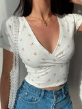 Top Y2K V-neck Short-sleeved Sexy Summer French Retro Floral T-shirt Print Fashion Slim Slimming Wild T-shirt Women's