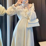 Lace Vintage Dress Women Fashion Puffer Sleeve Elegant One Piece Dress Korean 2022 Spring High Street Slim Midi Dress