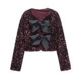 Women's 2025 Spring 2025 New V-Neck Bow Ornament Party Lien Slide Short Jacket