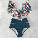 Ruffled Hem Bikini Set Women Flora V-Neck High-Waisted Two Piece Swimsuit 2021 Girl Beach Bathing Suit Swimwear