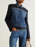 2025 New Fashion Retro Jacket Jacket Design Sense Color Splicing Long Sleeve Short Denim Jacket
