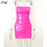 Autumn PU Leather Ruched Women Dress Pink Sexy Backless High Waist Mini Dress Femme Autumn Skinny Elegant Party