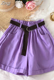 Women Casual High Waist Loose Cotton Short Pants 2023 Summer Elegant Sweet Girls All-Match Wide Leg Shorts With Belt