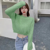 Sweater For Women Sweet Faux Mink Hairy Pullover O Neck Long Sleeve Loose Short Sweater Lady Casual Soft Warm