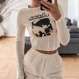 Sexy T-shirt Slim Grunge Letters Print Tee Tops Elastic T-shirt For Women O Neck Long Sleeve Crop Tops Y2k Tops
