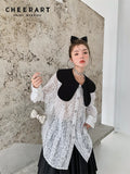 White Lace Polka Dot Peter Pan Collar Blouse Women Korean Fashion See Through Top Kawaii Cute Button Up Baggy