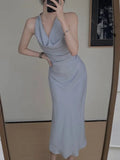 Women Elegant Satin Halter Neck Dress French Style Sleeveless Party Sexy 2021 Female Clothes