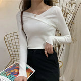 Autumn Sexy Knitted Sweater Solid Color Women Fashion V Neck Cross Front Slim Jumper casual women simple pullover