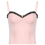 2000s Fashion Sexy Backless Black Lace Trim Pink Corset Tops Y2K Aesthetics Cute Spaghetti Strap Bustier Tops Women