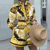 Vintage Printed Shorts Sets Womens Clothes Fashion Shirt Top + Harajuku Short Two Piece Set Spring Slim Lady Clothing