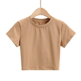 Zingj New Women's Wear Summer Basic Net Round-Collar Short-Sleeved Solid Color Navel Slim Short