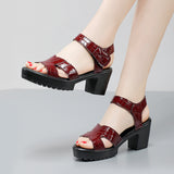 Leather High Heel Waterproof Sandals Women Fashion Crocodile Pattern Walking Shoes Summer Coarse Heel Magic Sticky H Women's